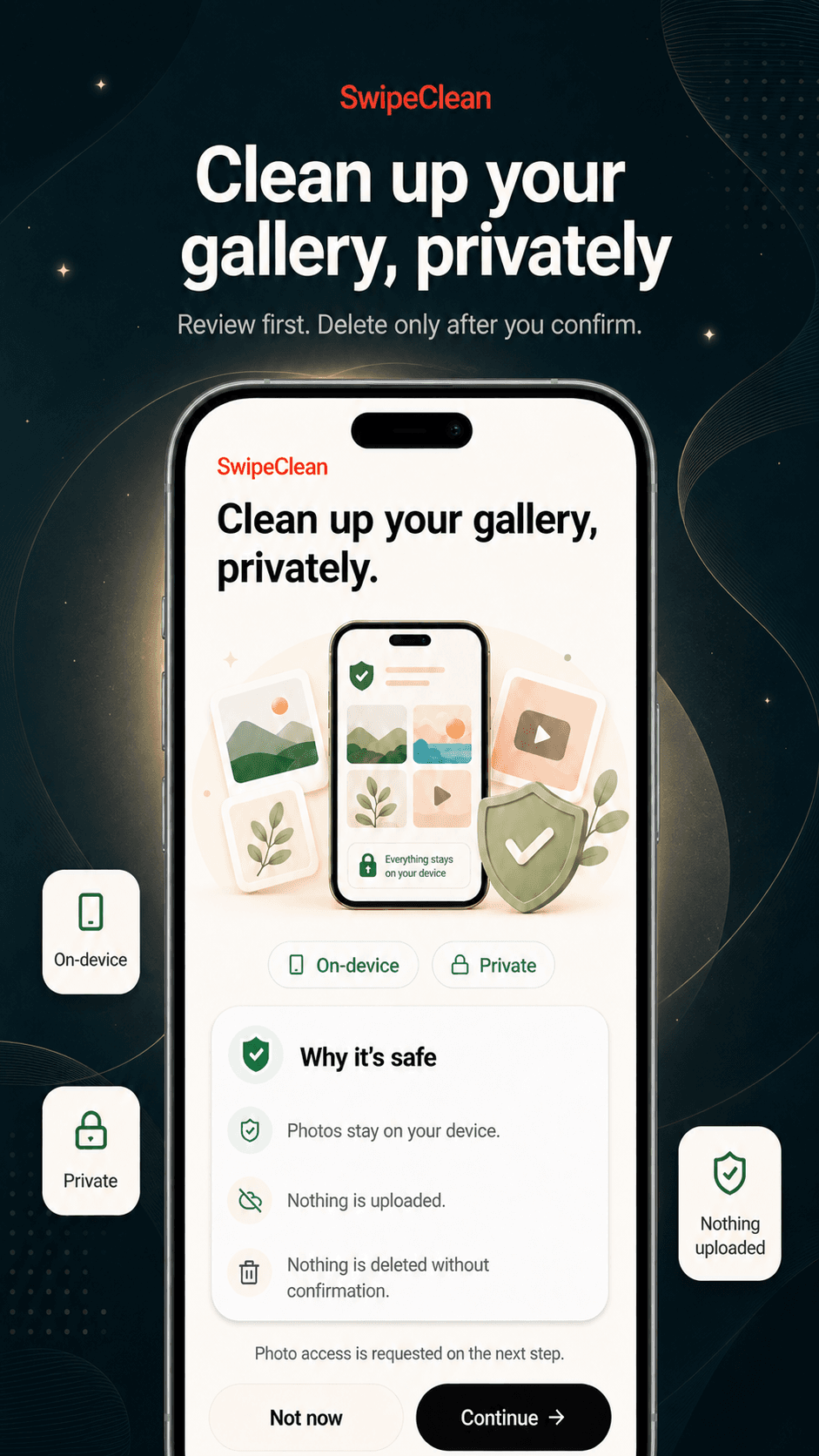 SwipeClean app screenshot 1 showing the review-first gallery cleanup interface.
