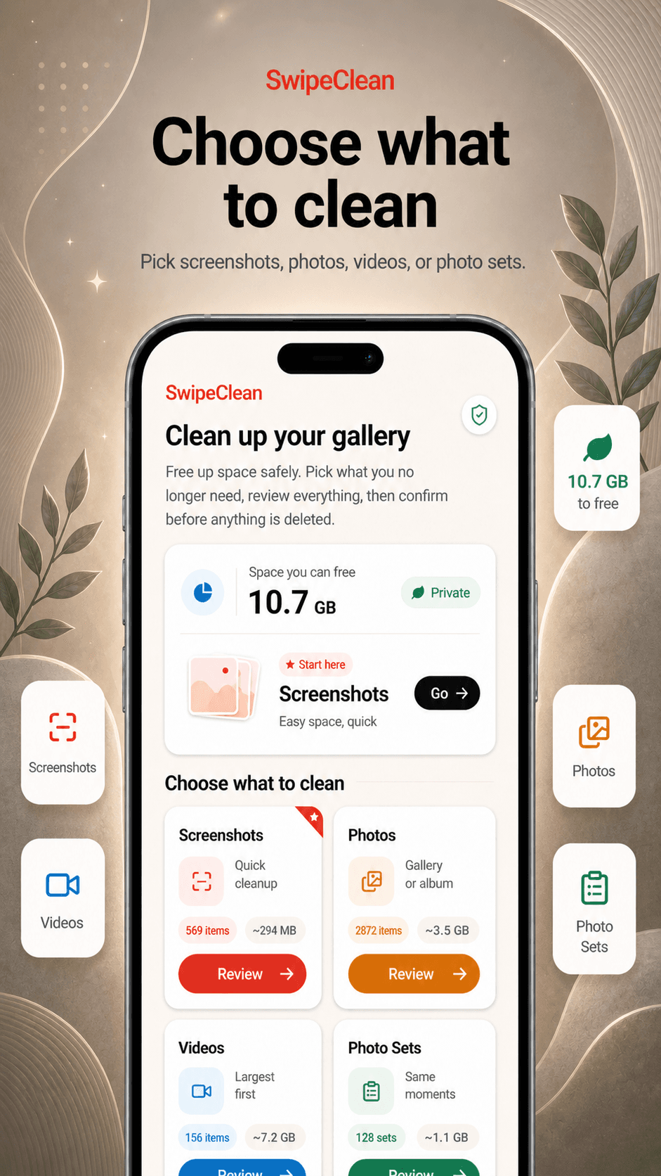 SwipeClean app screenshot 2 showing the review-first gallery cleanup interface.