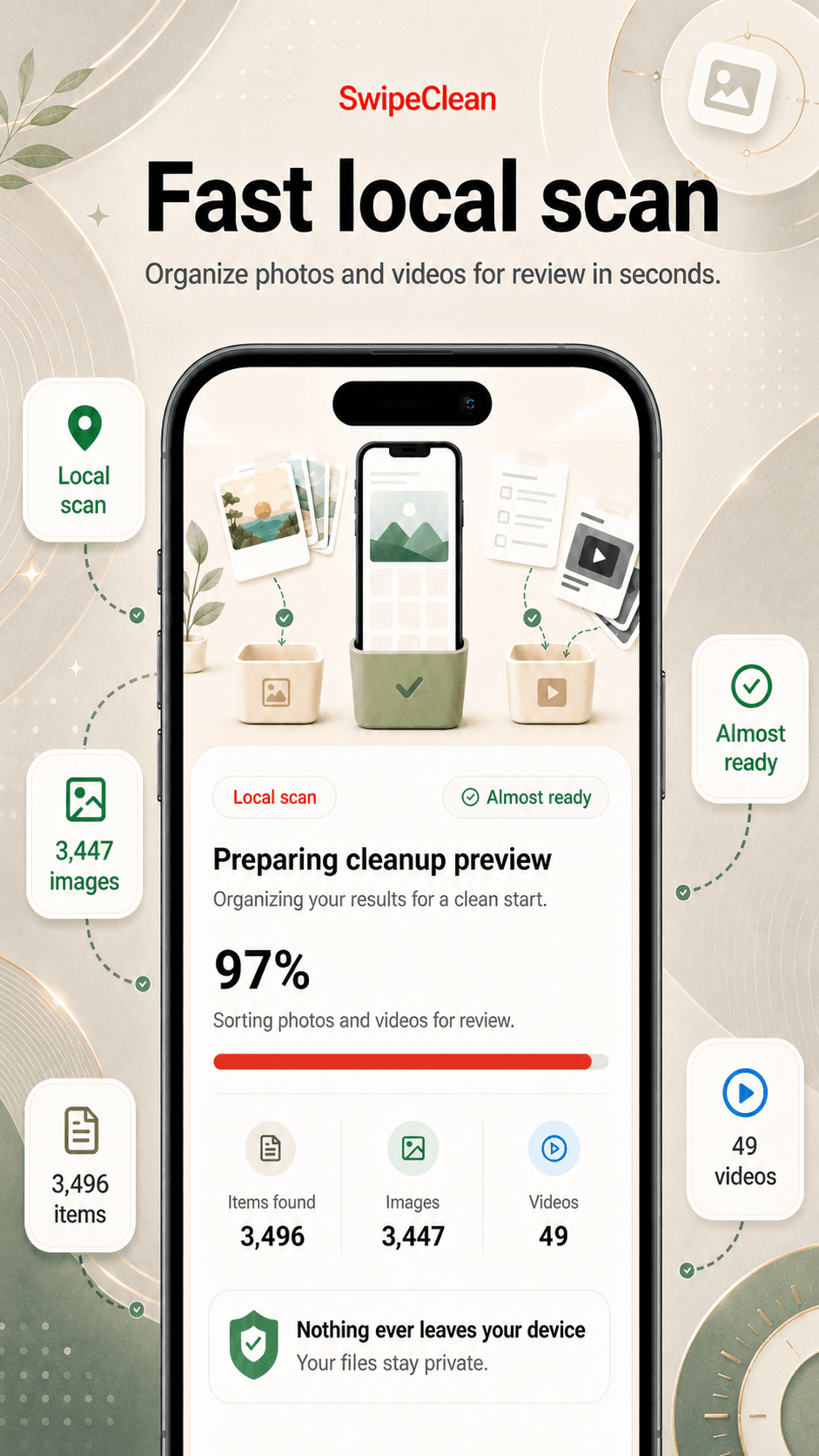 SwipeClean app screenshot 3 showing the review-first gallery cleanup interface.
