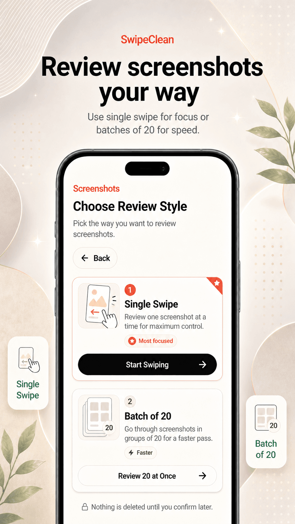 SwipeClean screenshot gallery showing app screens for reviewing and confirming cleanup.