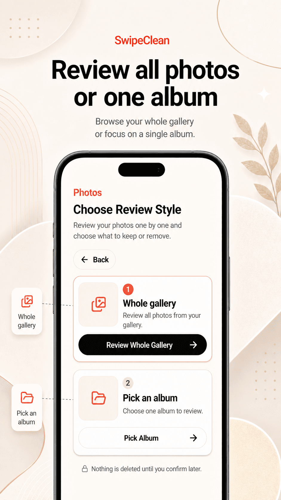 SwipeClean app screenshot 5 showing the review-first gallery cleanup interface.