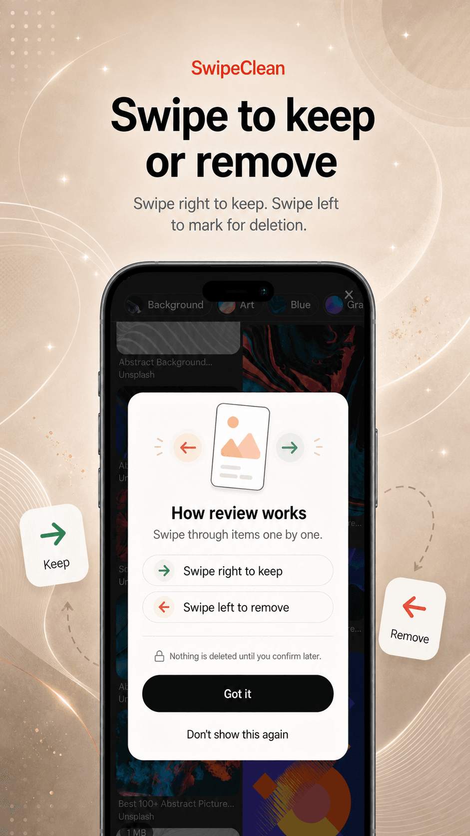 SwipeClean app screenshot 6 showing the review-first gallery cleanup interface.