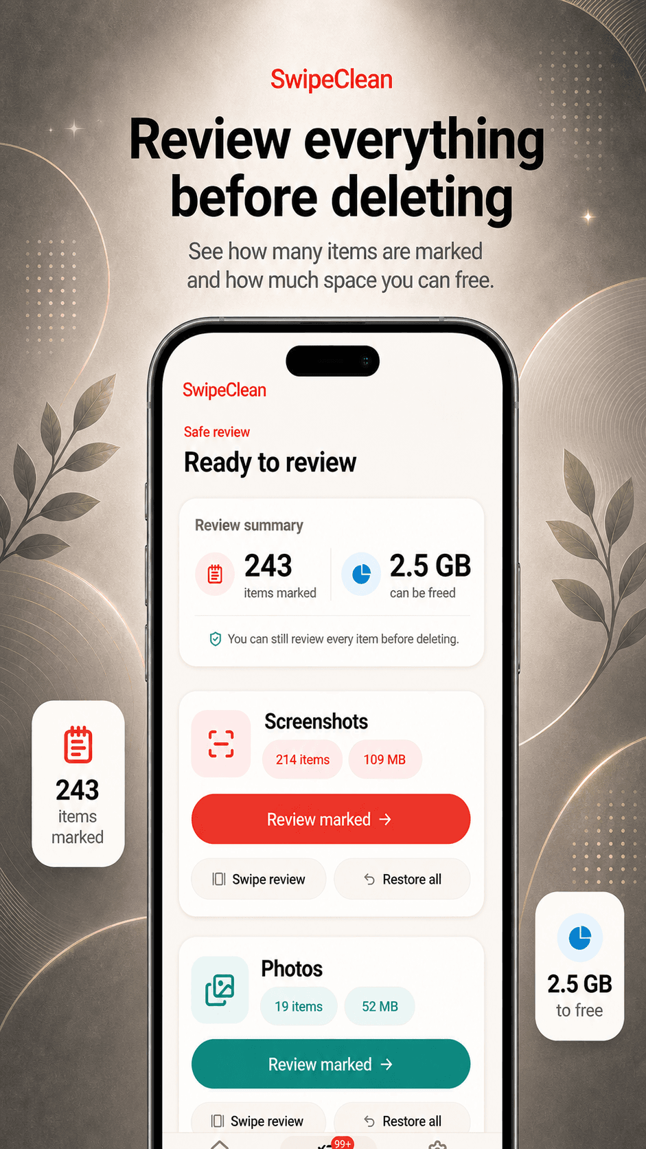 SwipeClean app screenshot 7 showing the review-first gallery cleanup interface.