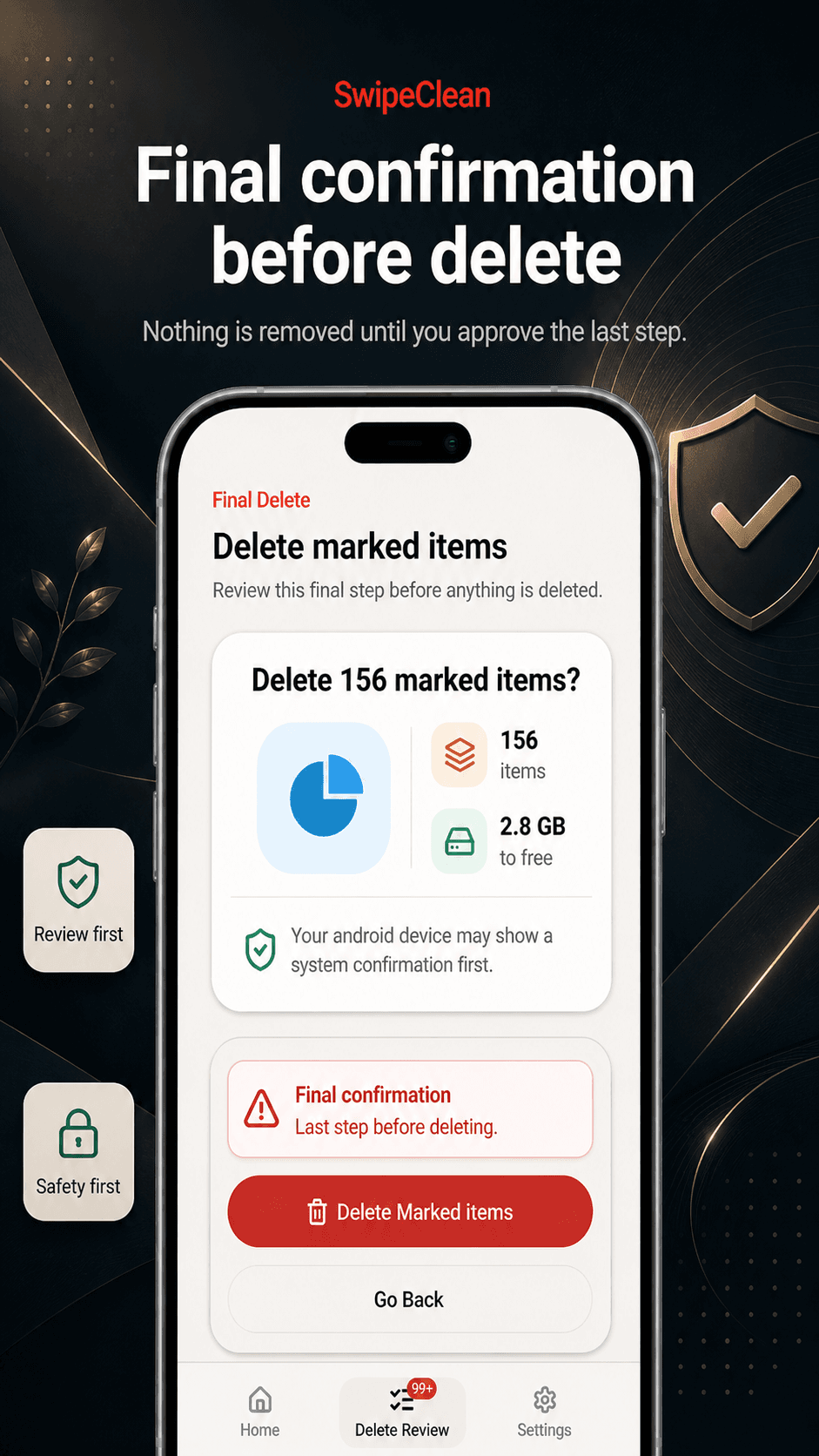 SwipeClean app screenshot 8 showing the review-first gallery cleanup interface.